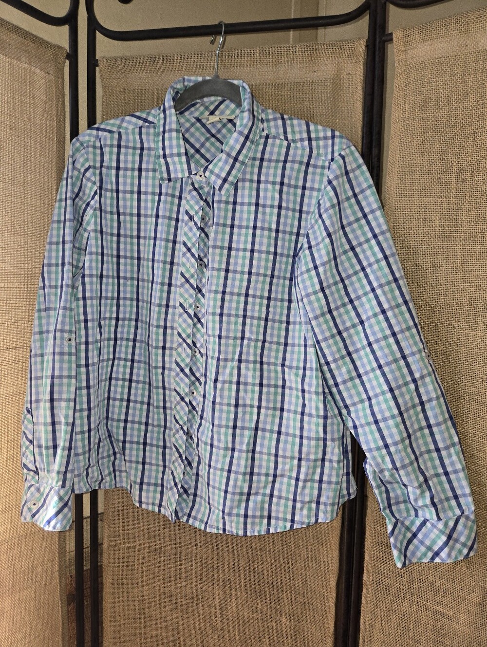 NWOT Women's Appleseeds Blue Plaid Button-Up Shirt Roll Tab Sleeve 18P